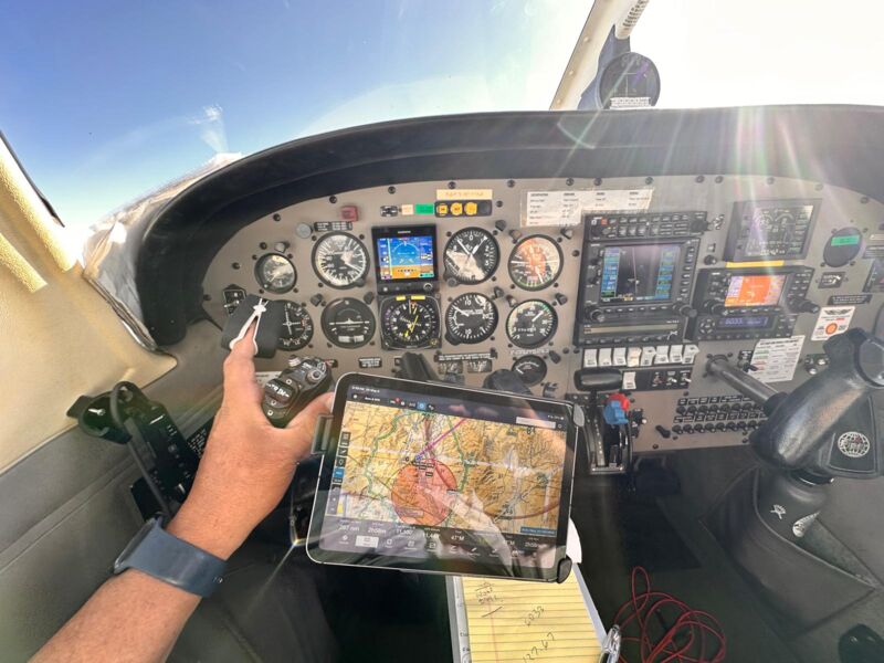 The Arrow's panel in flight, with the JPI engine monitor across the top and a chart open on an iPad below